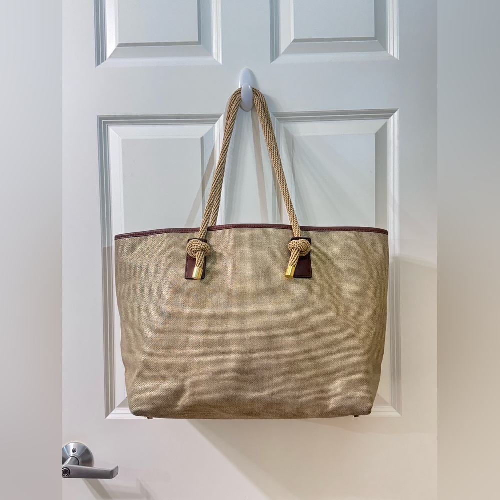 Michael Kors Gold Canvas Tote with Brown Trim
